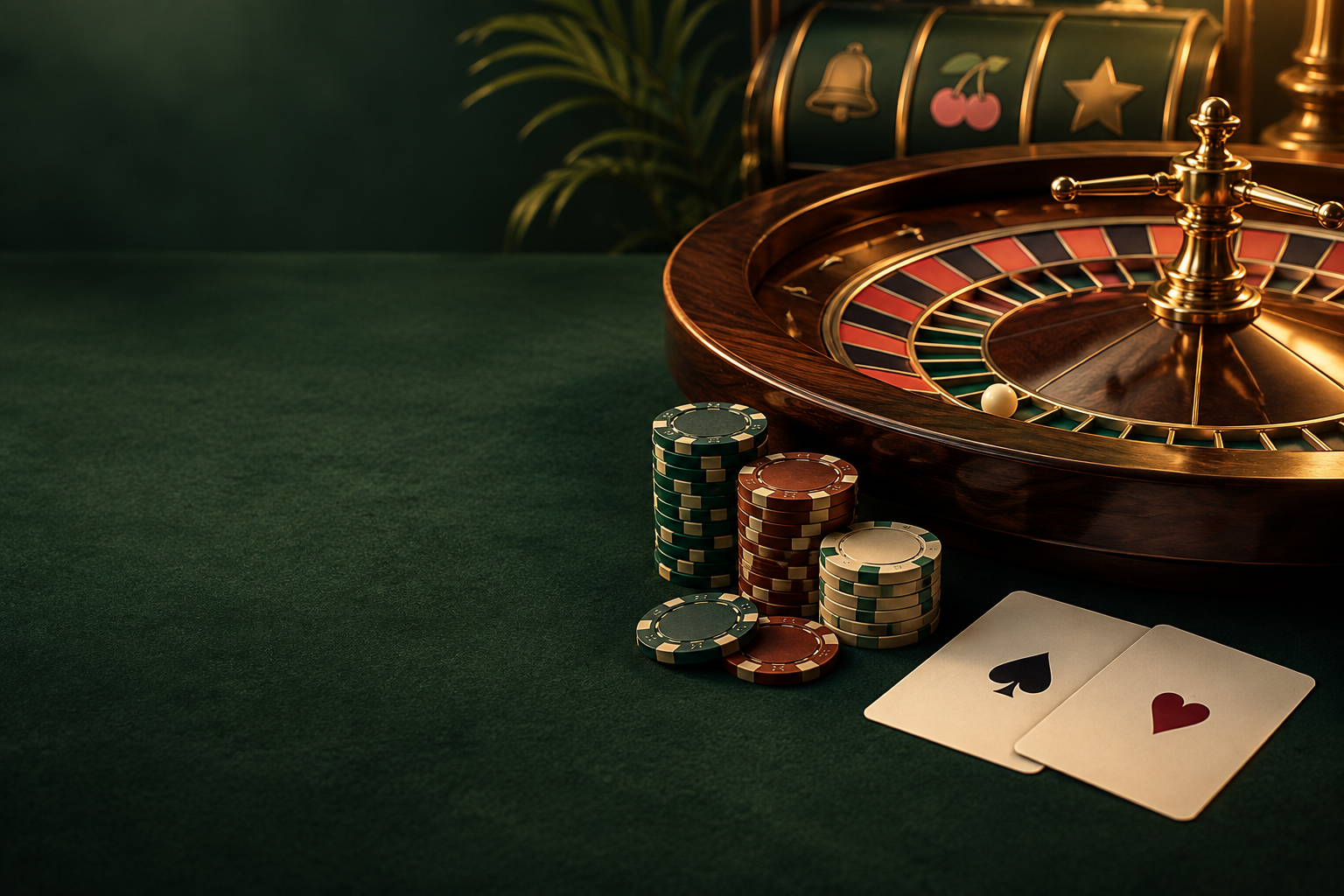 Ilustrasi meja hijau dengan roda roulette, kartu, keping, dan gulungan permainan