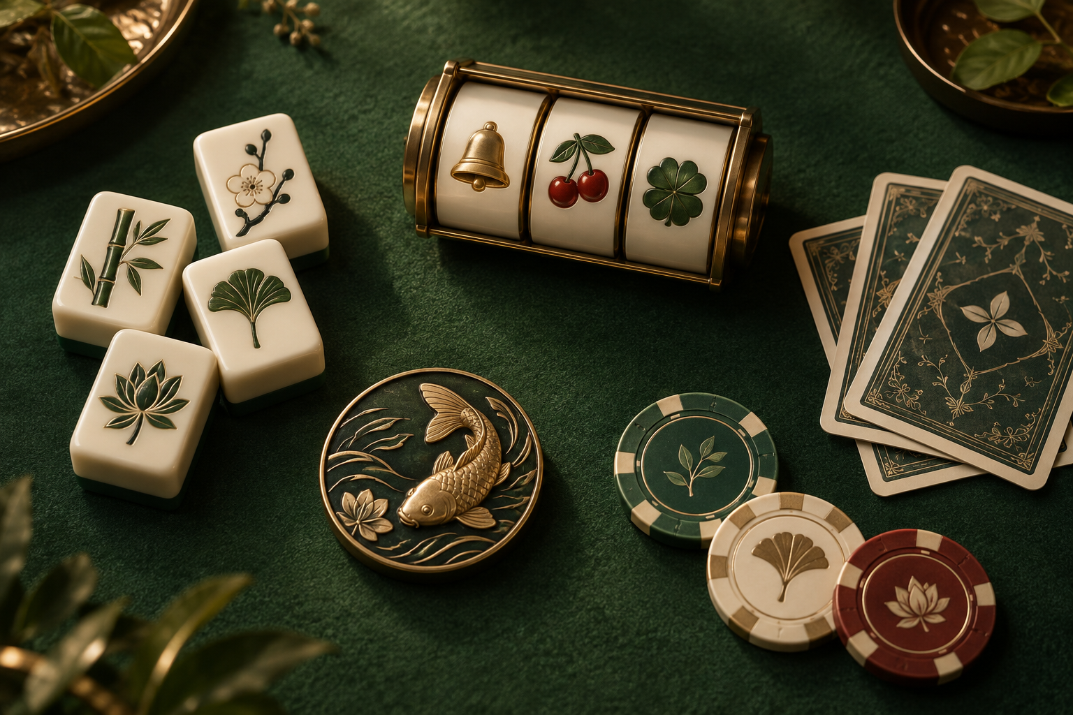 Ilustrasi kategori permainan dengan ubin mahjong, gulungan slot, kartu, dan keping